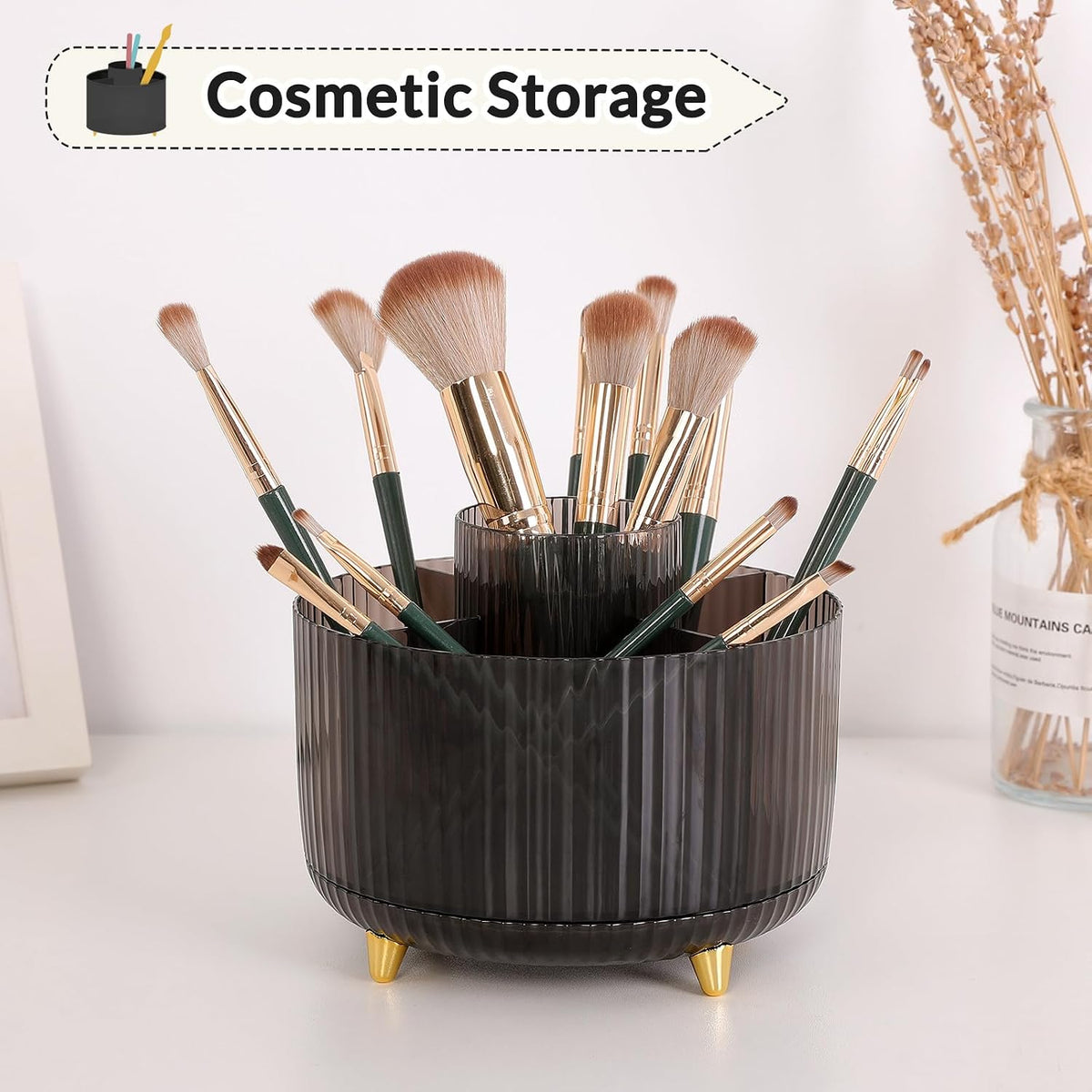 SKYDUE Rotating Pencil Pen Holder, Pen Organizer with 5 Slots - Aesthetic Desk Organizer and Accessories for School, Home, Office Supplies, Clear Black