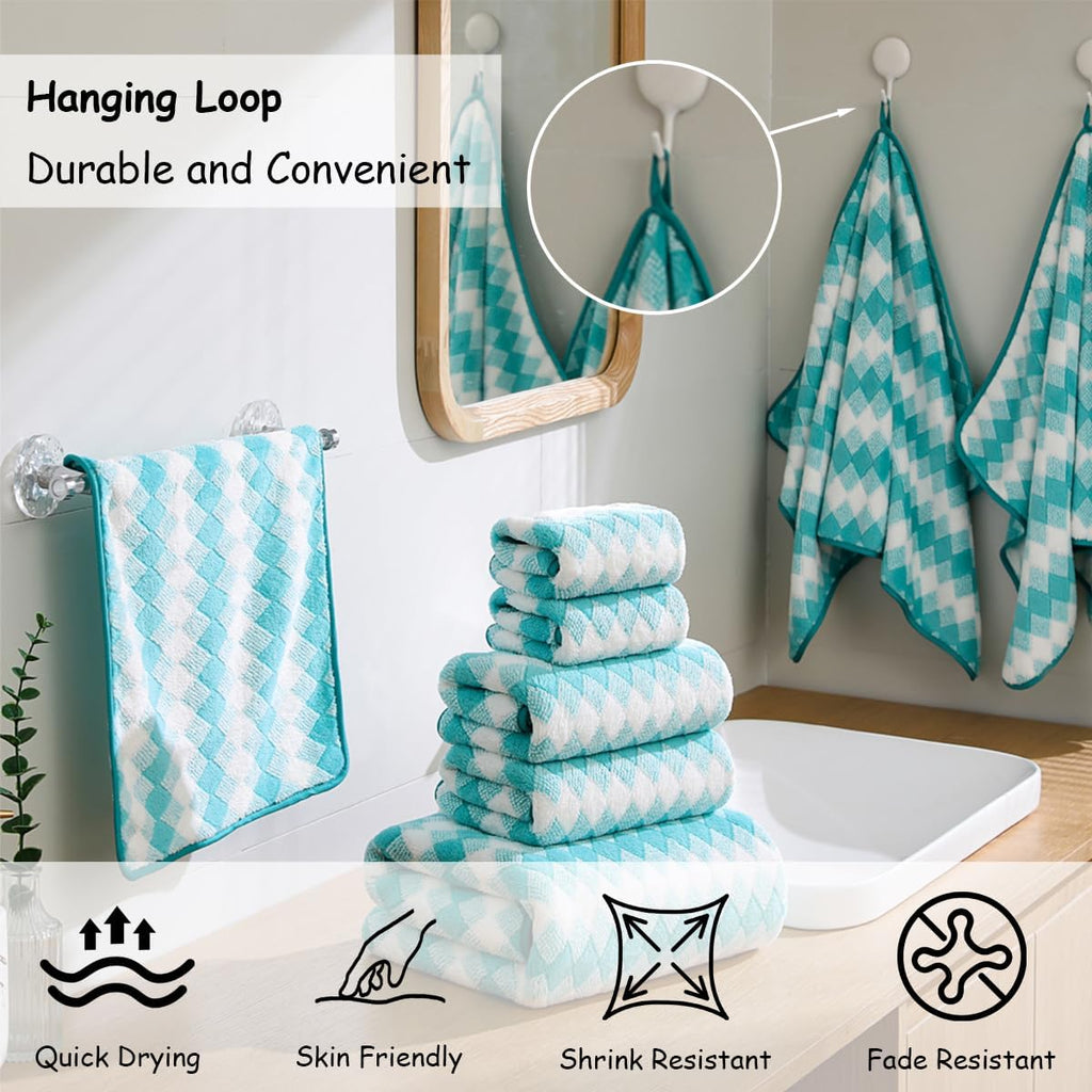 12 Pcs Aqua White Diamond Towel Set-4 Bath Towels,4 Hand Towels,4 Washcloths Soft Polyester Towels with Loop Absorbent Shower Towel Quick Dry Beach Chair Towel Family Towels for Bathroom Spa Gym Pool