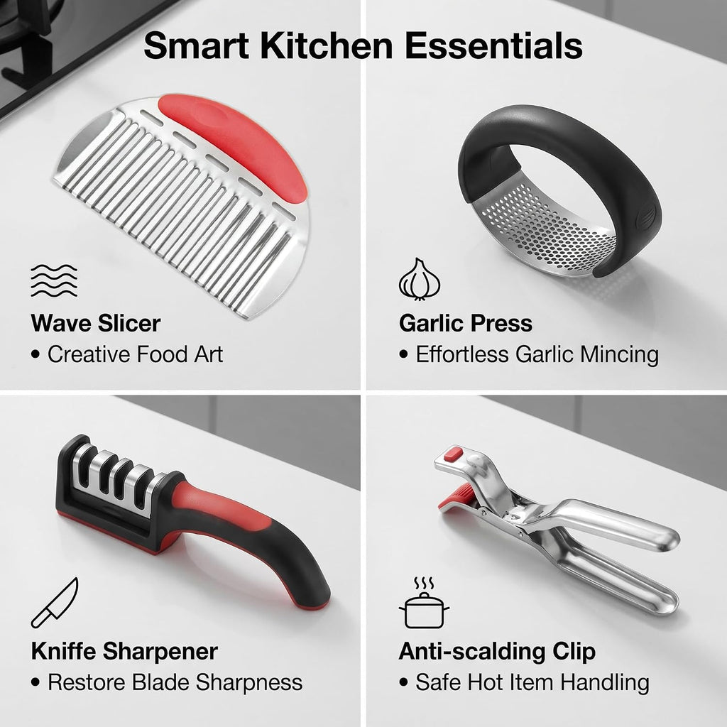 13-Piece Kitchen Gadget Set (Includes Storage Basket) — Features Kitchen Shears, Garlic Press, Knife Sharpener, Julienne Peeler, Standard Peeler, Anti-Scald Tongs (13 PCS)