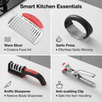 13-Piece Kitchen Gadget Set (Includes Storage Basket) — Features Kitchen Shears, Garlic Press, Knife Sharpener, Julienne Peeler, Standard Peeler, Anti-Scald Tongs (13 PCS)