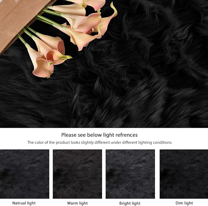 ORINOVA Black Round Rugs 6ft Fluffy Washable Faux Sheepskin Shaggy Fur Rugs - Image 9