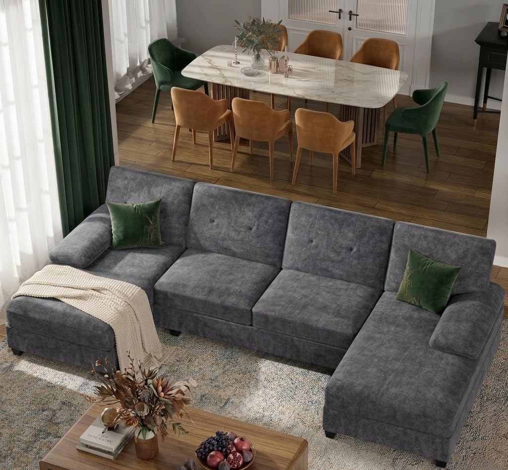 Shintenchi U-Shaped Sectional Couches for Living Room, 4 Seat Sofa with Double Chaise Lounges,Solid Wood Frame Sectional Sofa for Apartment,White
