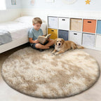 Tie-Dyed Beige Fluffy Round Rug, Soft Area Rugs - Image 5