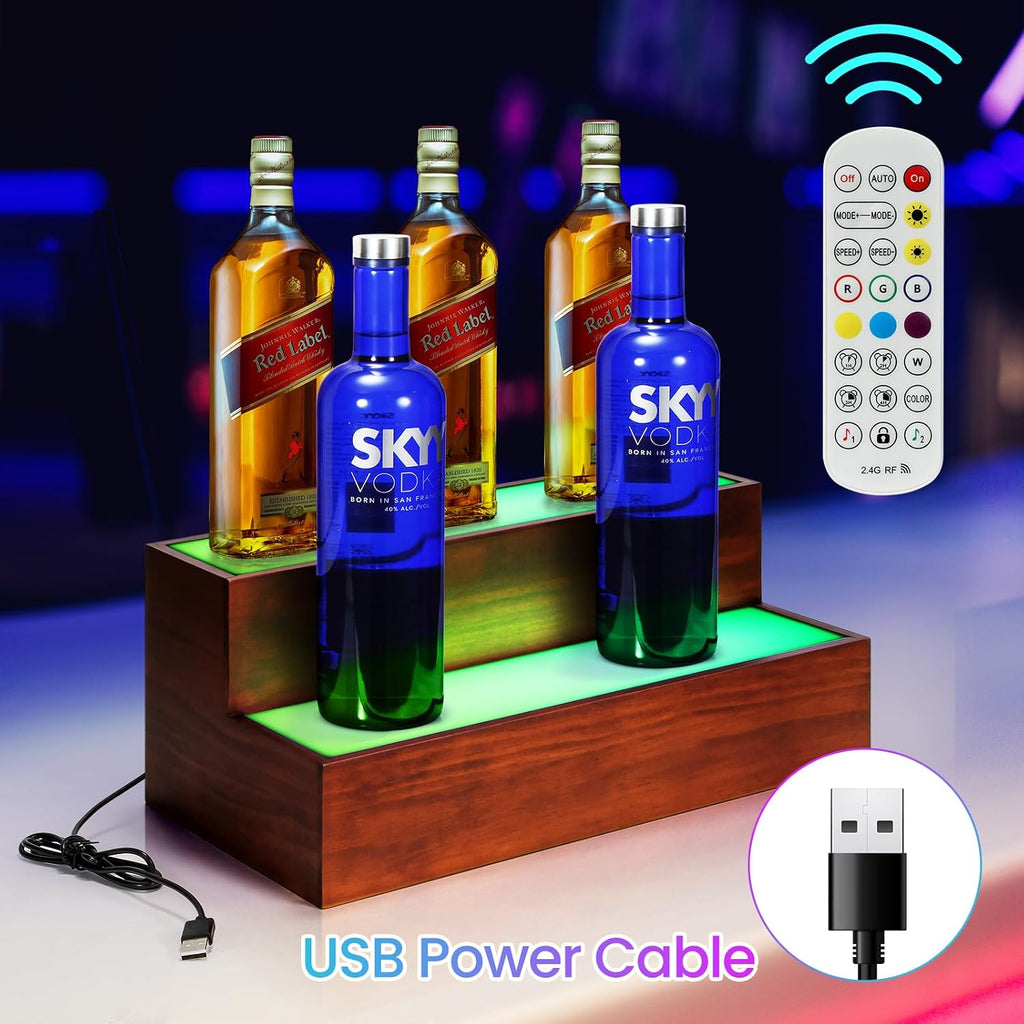2 Pack LED Liquor Bottle Display Shelf , 2 Tier Real Wood Bar Shelves for Liquor Bottles, Lighted Bar Bottle Display Shelves with Remote, Bottle Organizer for Home Bar, Holds Up to 20 Bottles