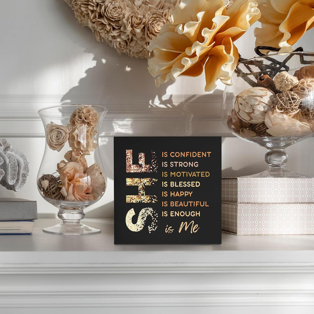 Black Gold She Is Me Wooden Box Sign Desk Decor, Inspirational Decorative Signs Decor for Office Bedroom, Postive Affirmations Home Shelf Desk Decor, Inspirational Desk Decor 5x5 Inch