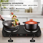 Countertop Double Cast Iron Burner 1800 Watts Electric Hot Plate with Adjustable Temperature 6.1" Cooktop for Dorm, Office, Home, Camp, Compatible for All Cookwares