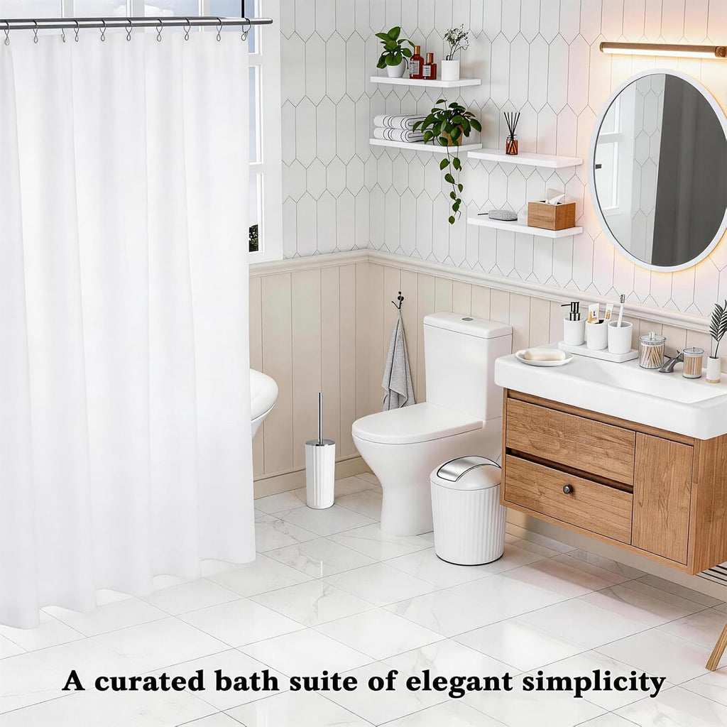 White Bathroom Accessories Set, 10Pcs Bathroom Accessory Sets Complete with Trash Can, Shower Curtain, Vanity Tray, Soap Dispenser, Soap Dish, Toothbrush Holder&Cup, Toilet Brush&Holder, Qtip Holder