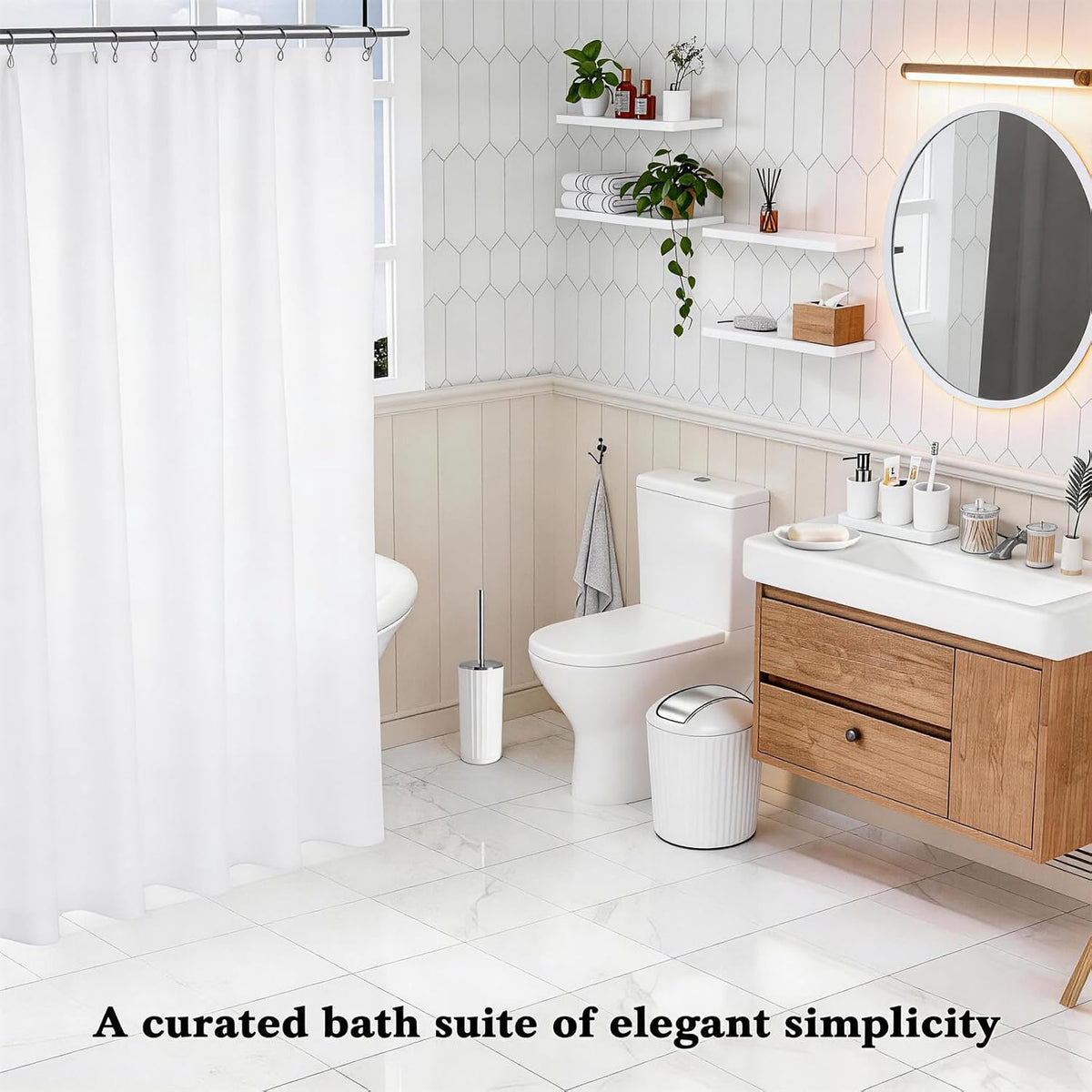 White Bathroom Accessories Set, 10Pcs Bathroom Accessory Sets Complete with Trash Can, Shower Curtain, Vanity Tray, Soap Dispenser, Soap Dish, Toothbrush Holder&Cup, Toilet Brush&Holder, Qtip Holder