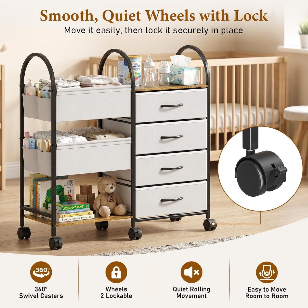 Baby Diaper Caddy Organizer Cart with Wheels, 4-Tier Rolling Diaper Cart with Dividers and Drawers, Multi-Layer Nursery Storage for Diapers & Baby Essentials