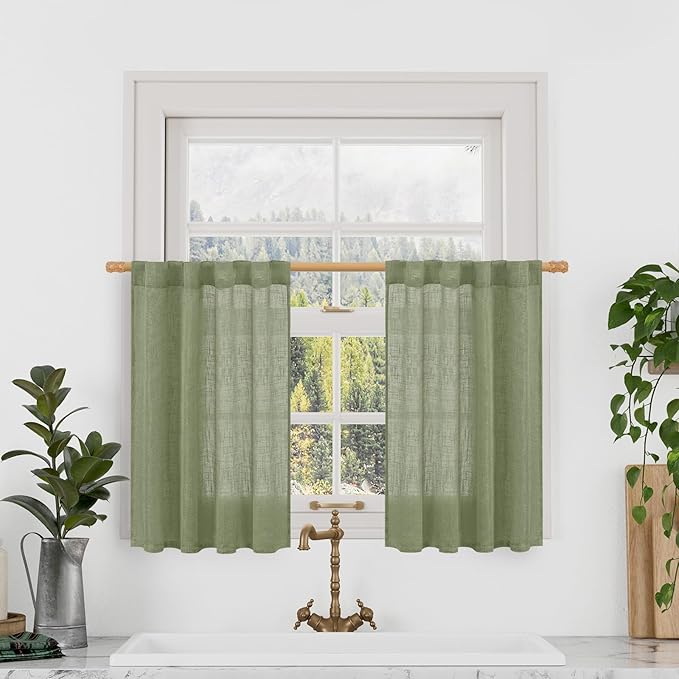 LAMIT Sage Green Linen Curtains 30 Inch Length, Semi Sheer Light Filtering by LAMIT
