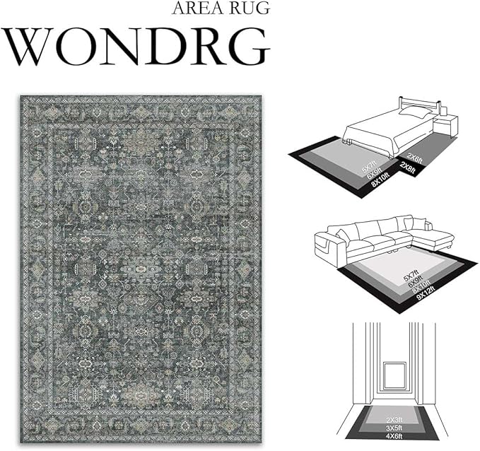 9x12 Washable Area Rug for Living Room Bedroom Vintage Black Grey Non Slip - Image 2