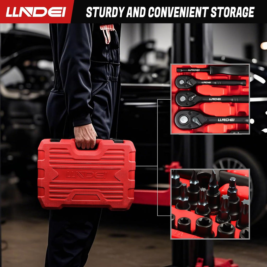 LLNDEI 160Pc Mechanics Socket Set 1/2 1/4 3/8" Drive Metric