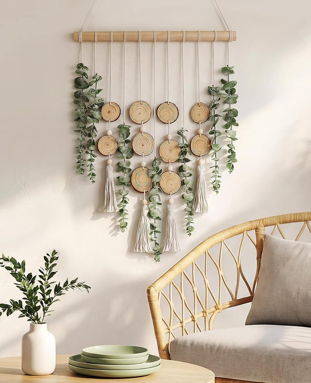 Fake Hanging Eucalyptus Wall Decor with Fake Greenery Leaves, Stems, and Wicker Ball, Artificial Eucalyptus Wall Hanging for Bathroom, Living Room, Bedroom Decor (24" L x 16" W)