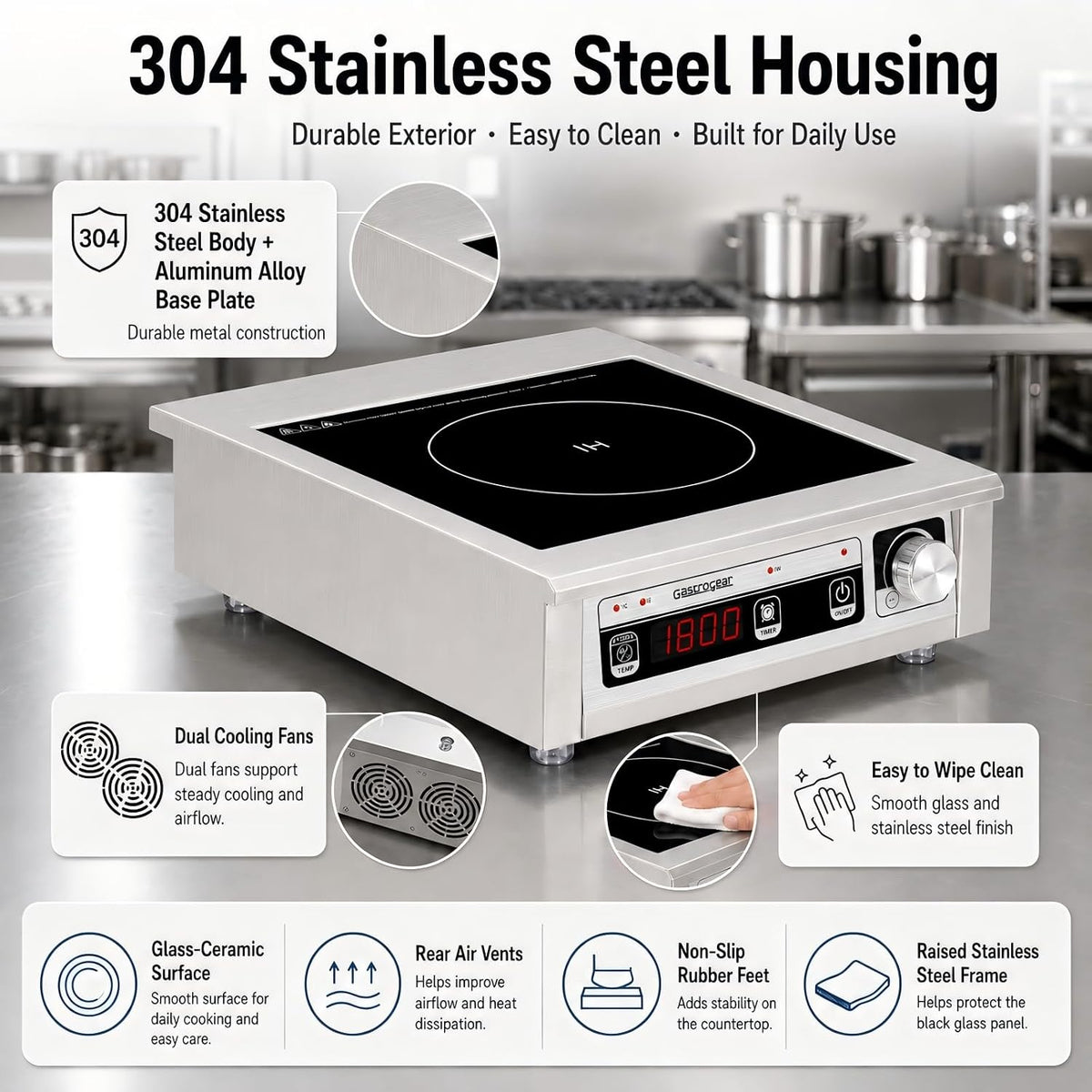 Commercial Induction Cooktop 1800W 120V, Countertop Burner