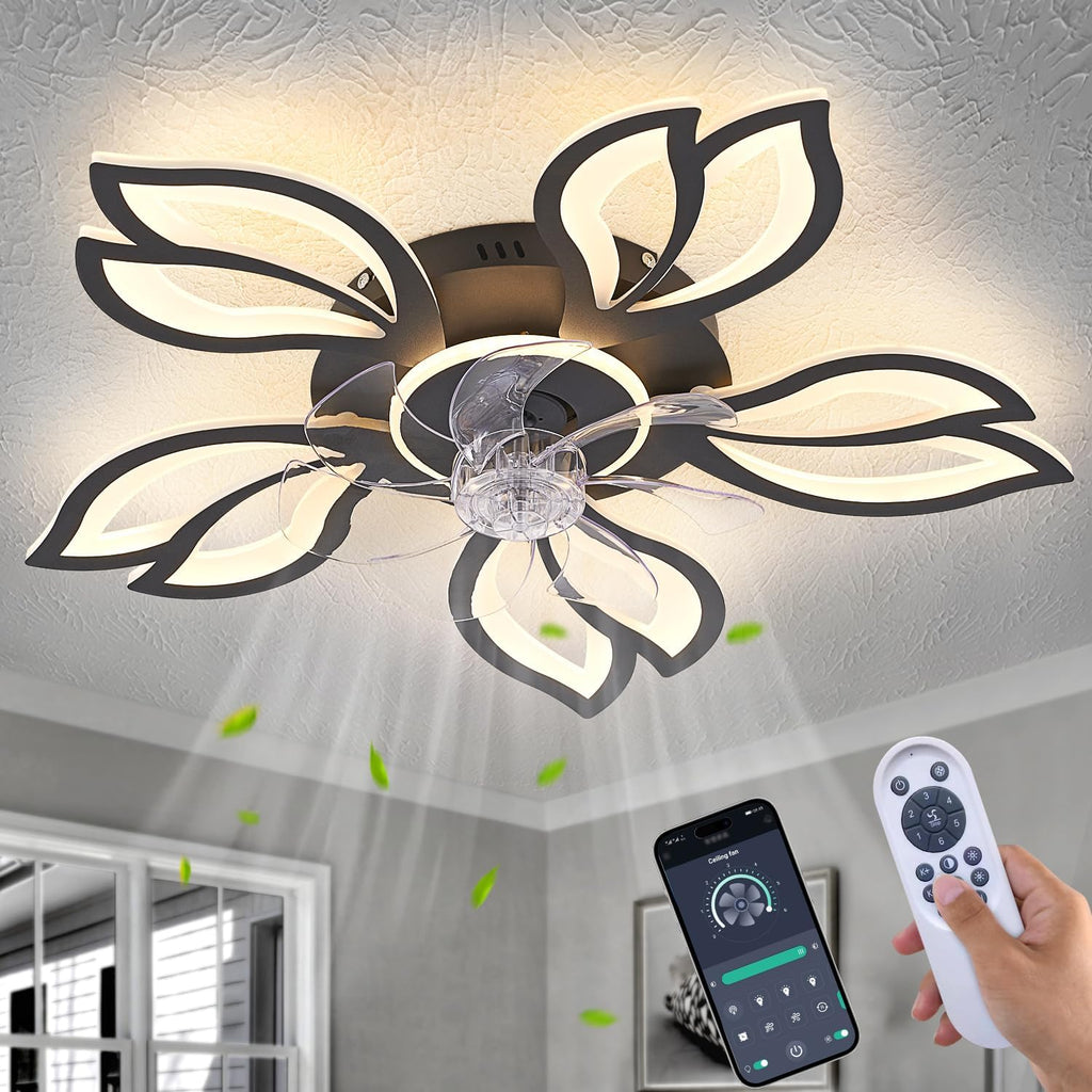 Modern Ceiling Fans with Lights, Low Profile Ceiling Fan with Remote for Bedroom, Flush Mount Ceiling Fan with LED Dimmable Light,3-Colors, 6-Speeds, Timing CeilingFan Light-White Leaves
