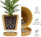 Ceramic Plant Pots, 5 Inch Planters with Drainage Holes and Ceramic Tray, Relief Design Flower Planter, Desktop Office Windowsill Decoration Gift Set of 4 - Deep Yellow