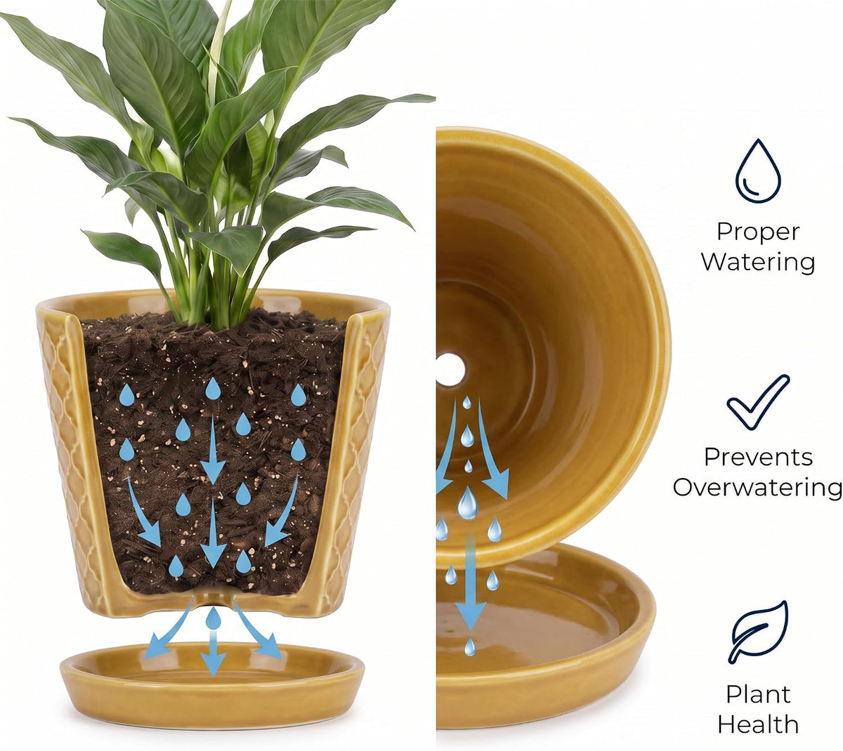 Ceramic Plant Pots, 5 Inch Planters with Drainage Holes and Ceramic Tray, Relief Design Flower Planter, Desktop Office Windowsill Decoration Gift Set of 4 - Deep Yellow