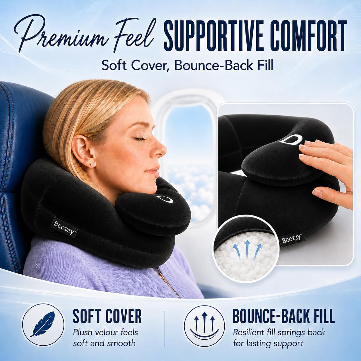 BCOZZY Travel Neck Pillow, Head & Chin Support, Large Flat Back Gray