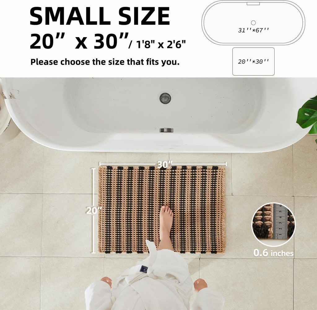 TYUU Waffle Bath Mat, Boho Bathroom Rugs Non Slip, 30x20 Black & Khaki