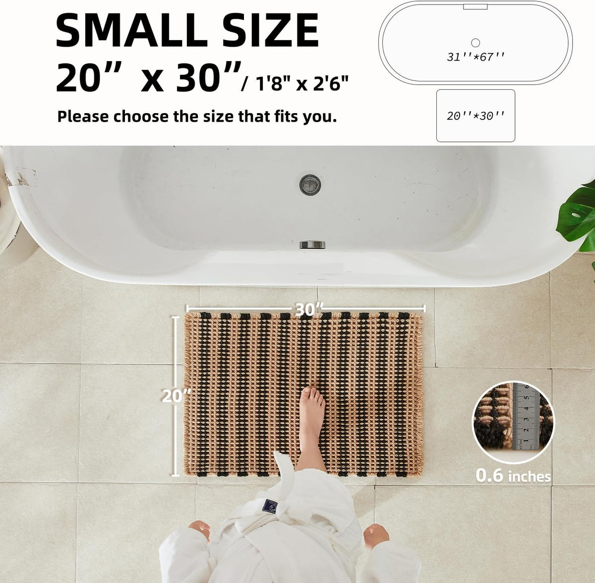 TYUU Waffle Bath Mat, Boho Bathroom Rugs Non Slip, 30x20 Black & Khaki