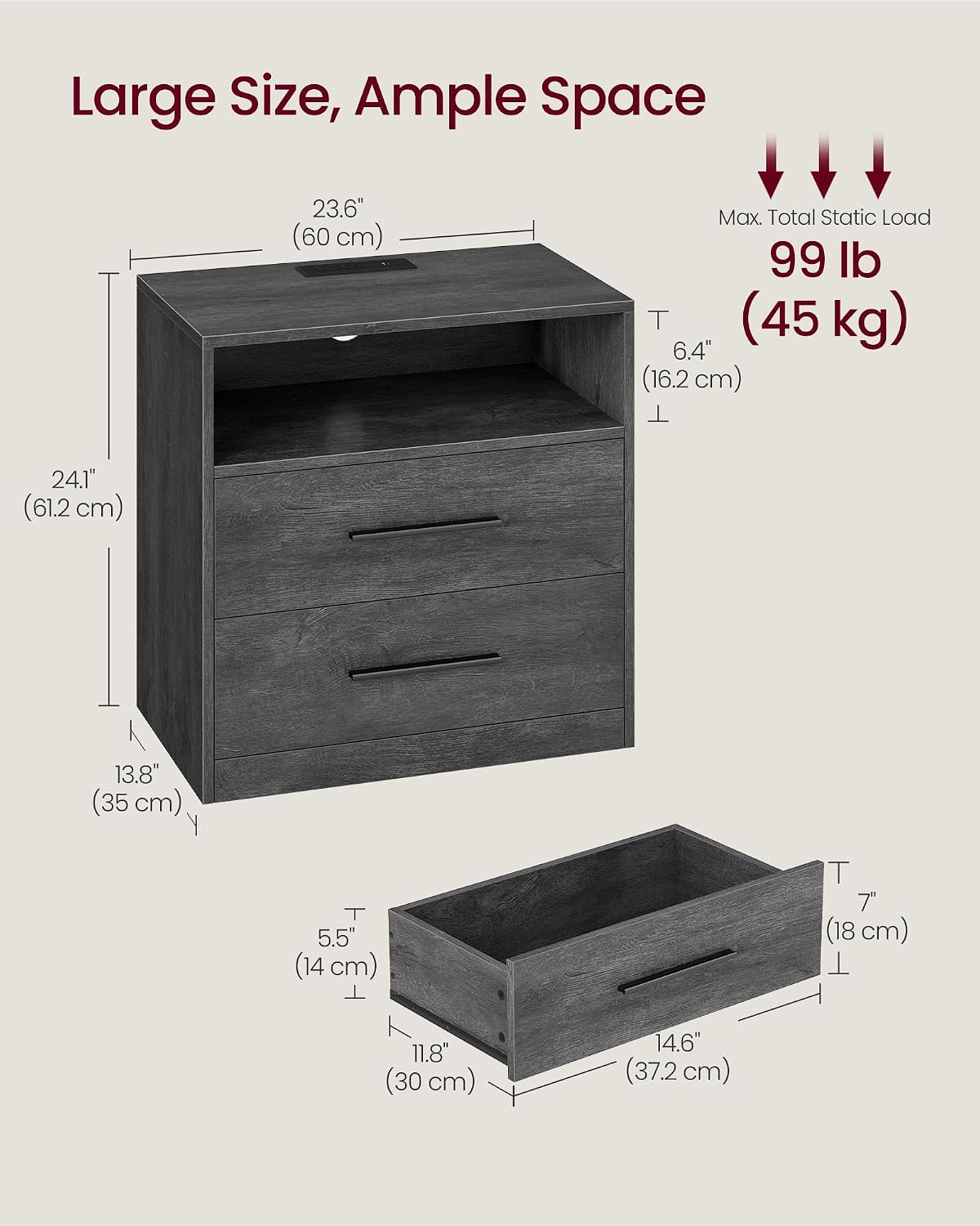 VASAGLE 23.6 Nightstands, LED Lights, Charging Station, 2 Drawers