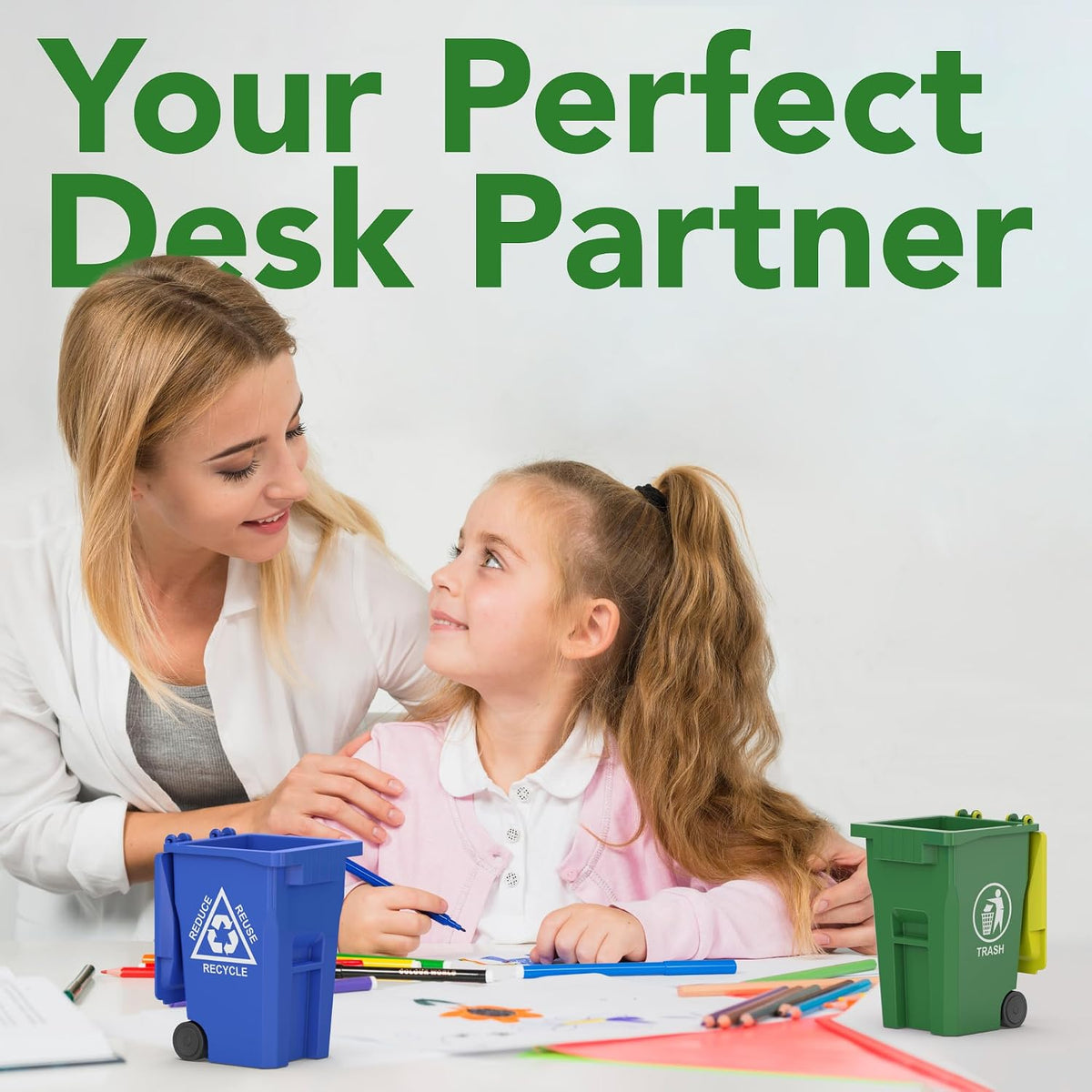 Mini Trash Can/Recycle Bin Pencil Holder for Desks, Blue/Green