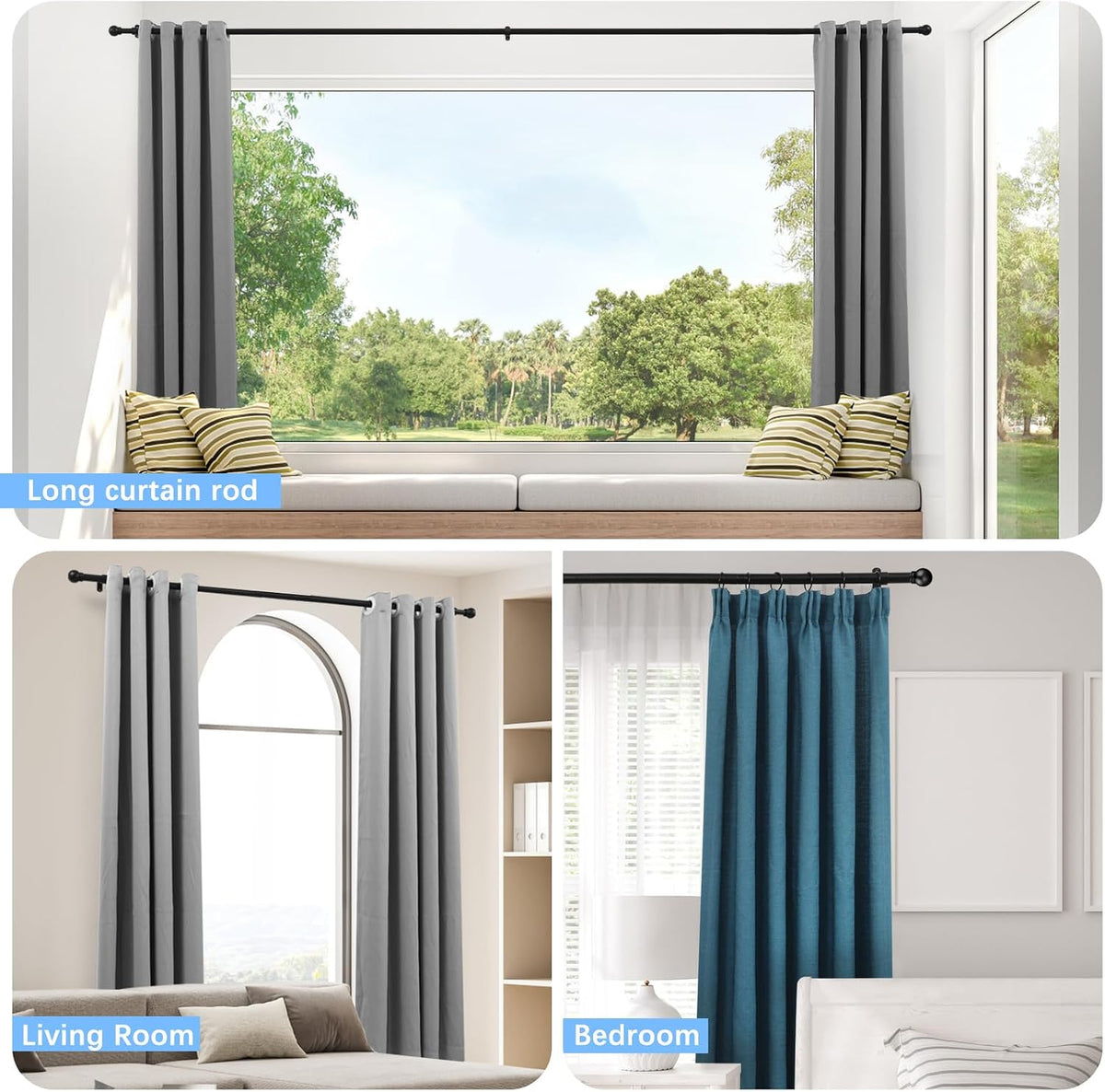 Curtain Rods for Windows 16-48", 1 Inch Black Curtain Rod, 1 Pack