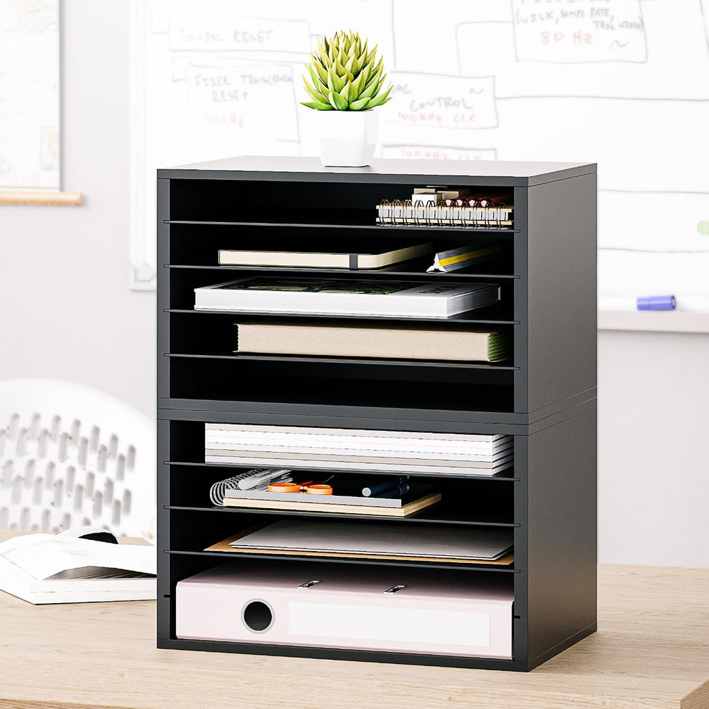 Ballucci 5 Tier Paper Organizer Letter Tray, Wood Desk File Organizer with Adjustable Shelves, Home Office School Letter/A4 Mail Sorter Magazine Holder - Black