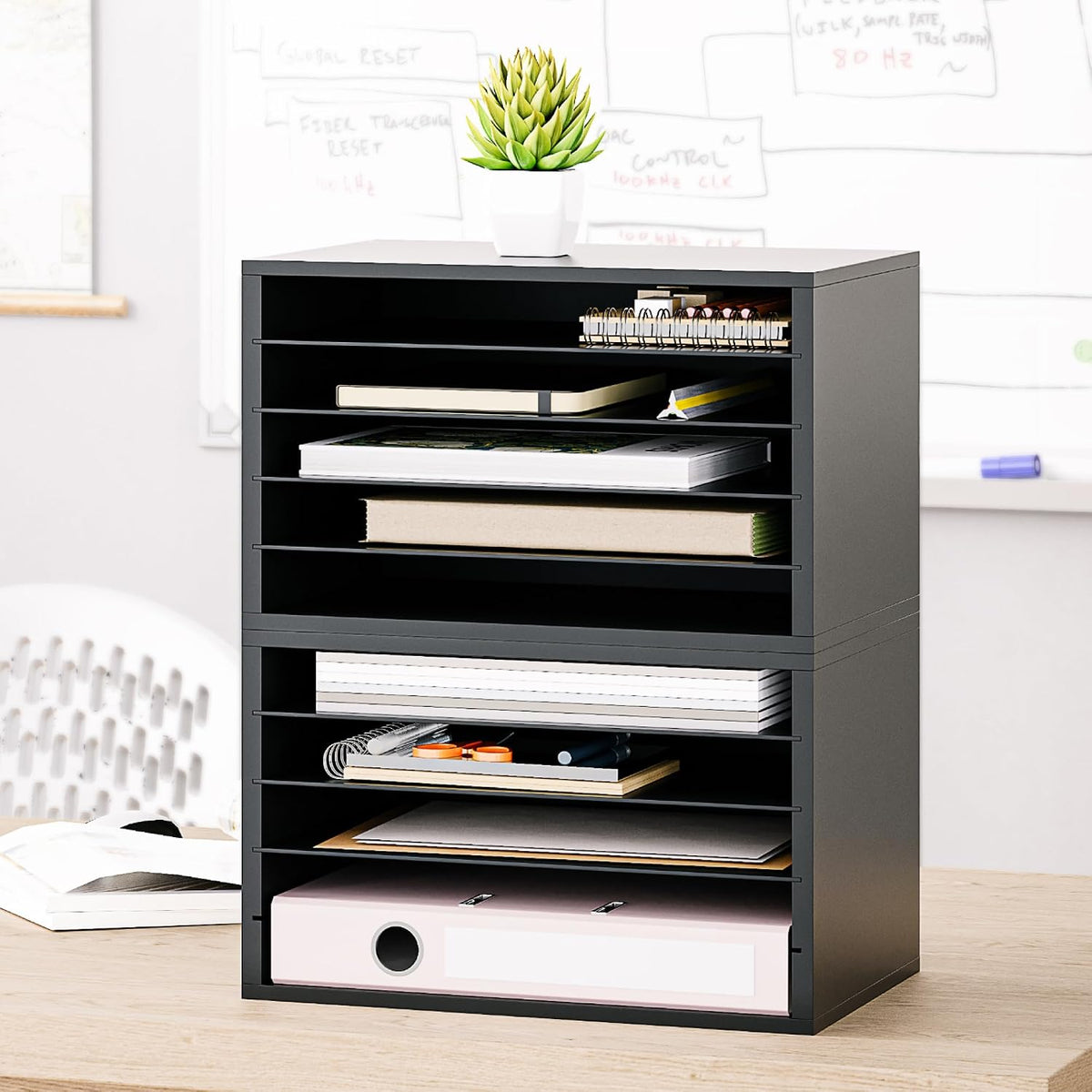 Ballucci 5 Tier Paper Organizer Letter Tray, Wood Desk File Organizer with Adjustable Shelves, Home Office School Letter/A4 Mail Sorter Magazine Holder - Black