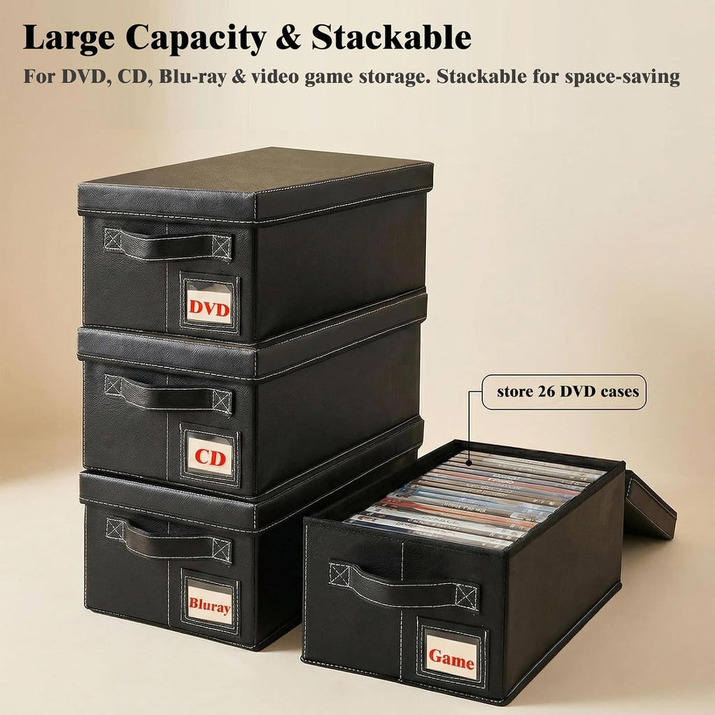 DVD Storage Boxes with Lid, 4 Pack Holds 104 DVD Cases Total, Stackable Leather Media Organizer for Blu ray, Video Game, CDs
