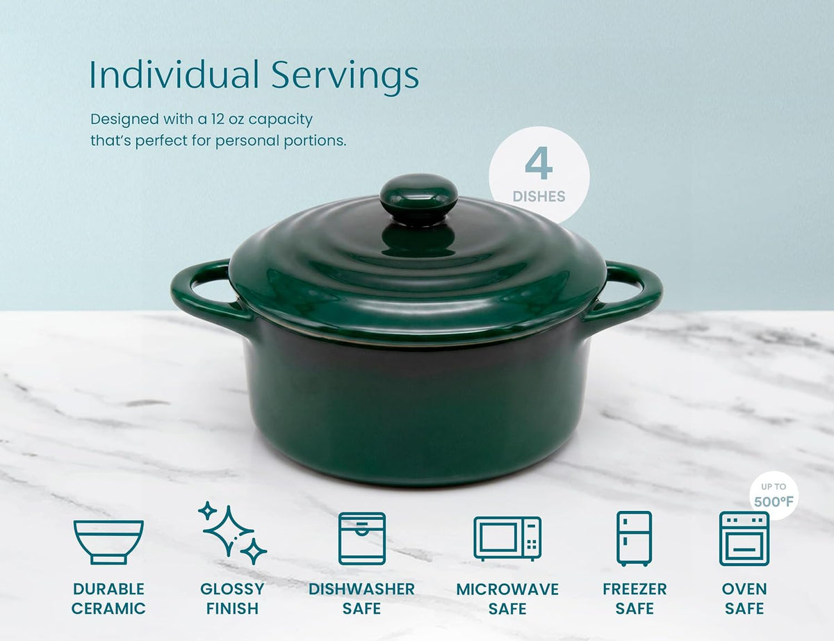 Kook Mini Cocotte, Lids, Handles, Dutch Oven, Set of 4, 12 oz, Forest Green