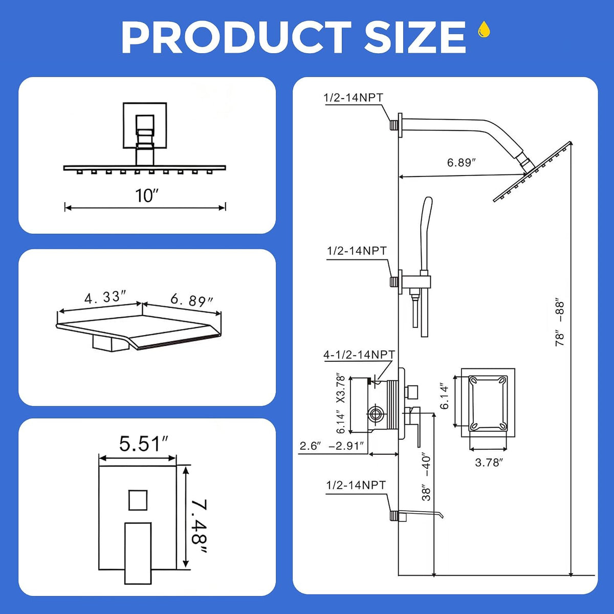 Wall Mount 3-Function Tub Shower Faucet Set, Matte Black