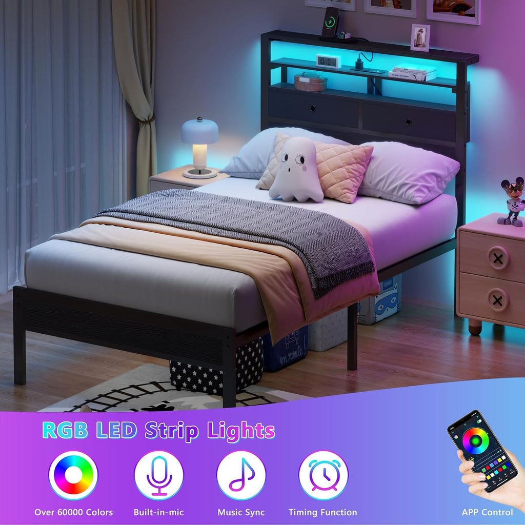 Furnulem Twin Bed Frames with Charging Station and LED Lights, Black Oak