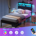 Furnulem Twin Bed Frames with Charging Station and LED Lights, Black Oak