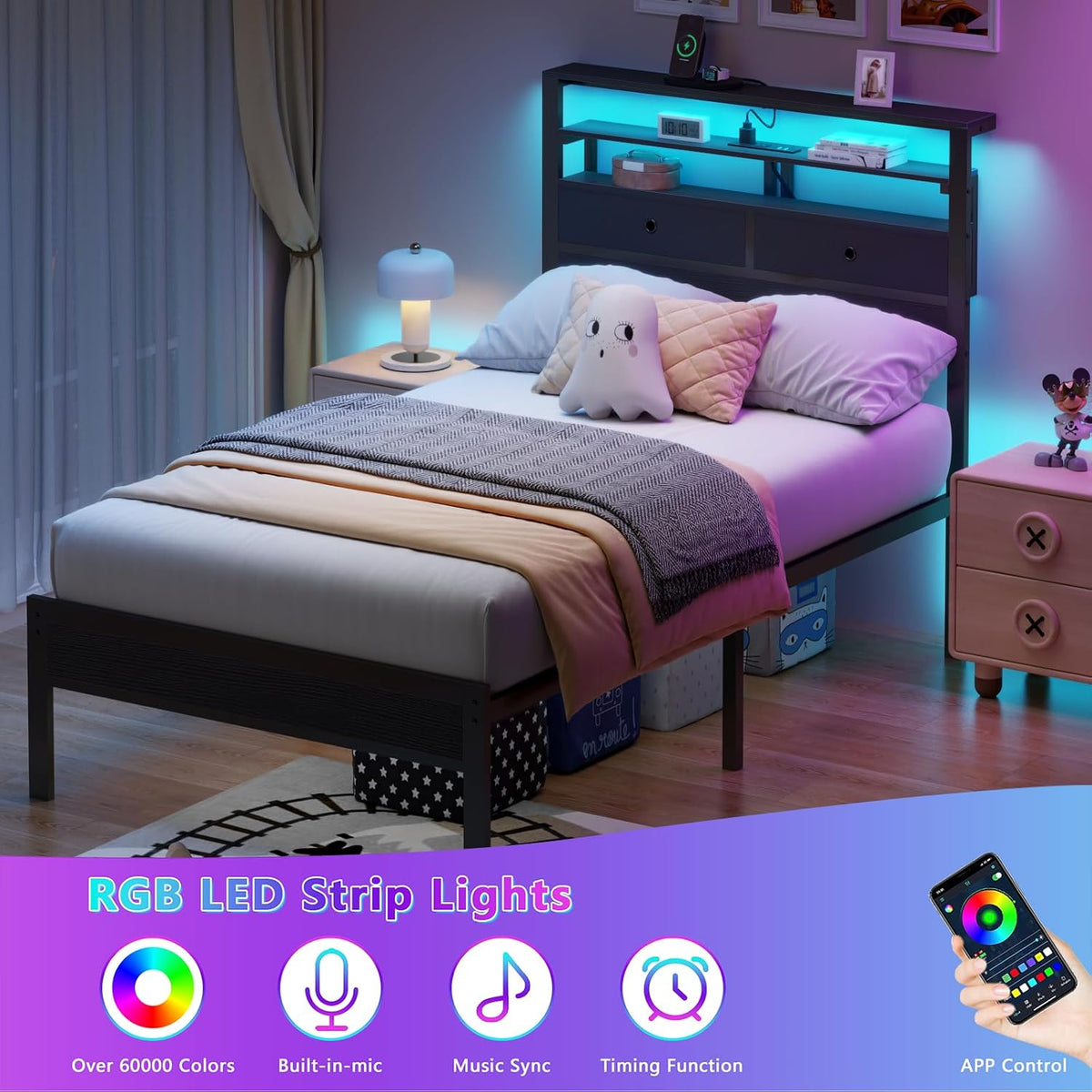Furnulem Twin Bed Frames with Charging Station and LED Lights, Black Oak