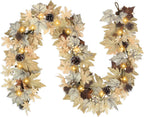 Realistic Fall Garland with Lights, 6 FT Real Touch Feel Leaves Garland with Berries Pine Cones, Fall Decorations for Home Thanksgiving Halloween Decorations Indoor Farmhouse Porch Fireplace