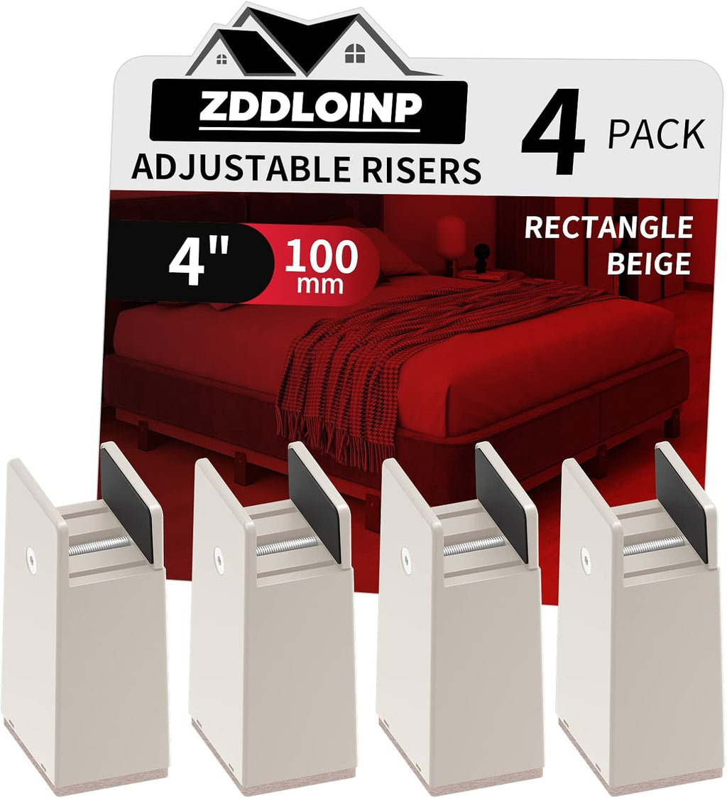 4 Inch Bed Risers with Adjustable Screw Clamp, 4 Pack Beige