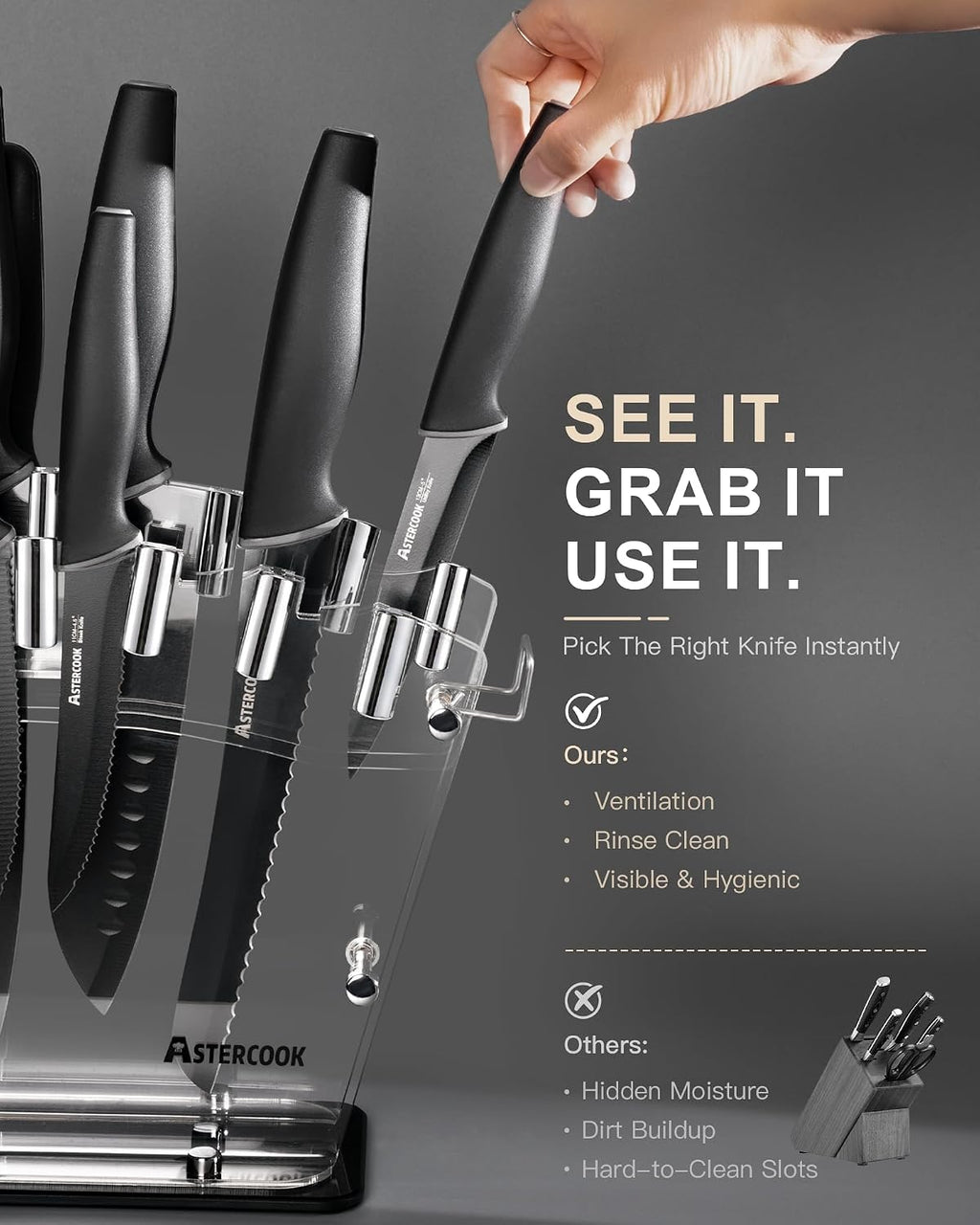 Astercook Knife Set with Block and Sharpener, 22 Piece Kitchen Knife Set Dishwasher Safe, Space-Saving Clear Knife Block with Knives for Everyday Home Cooking Black