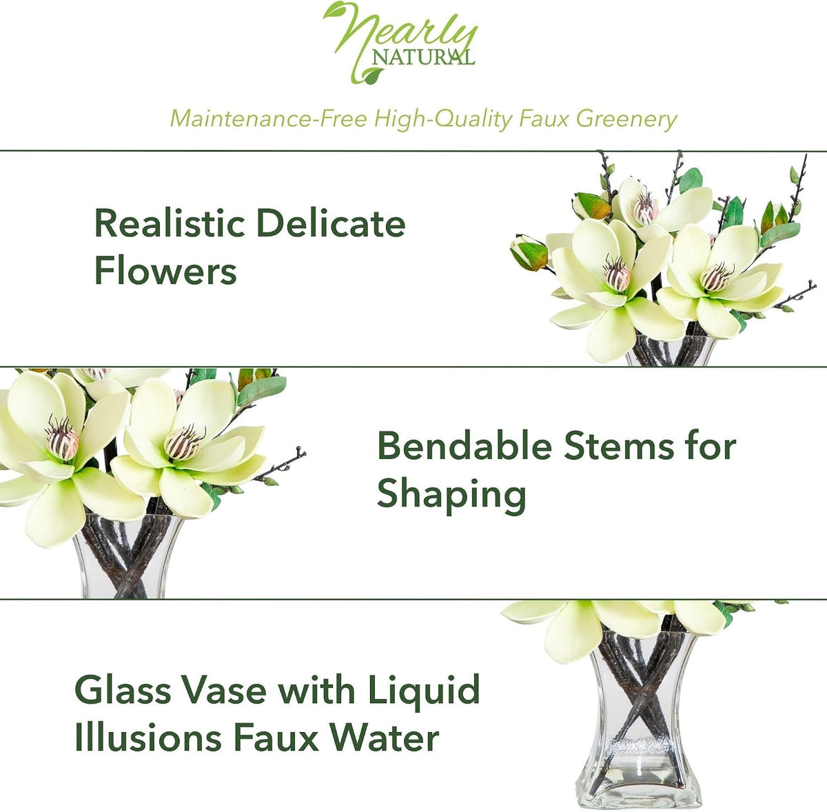 Nearly Natural 4534-WH Magnolia Arrangement with Vase,White