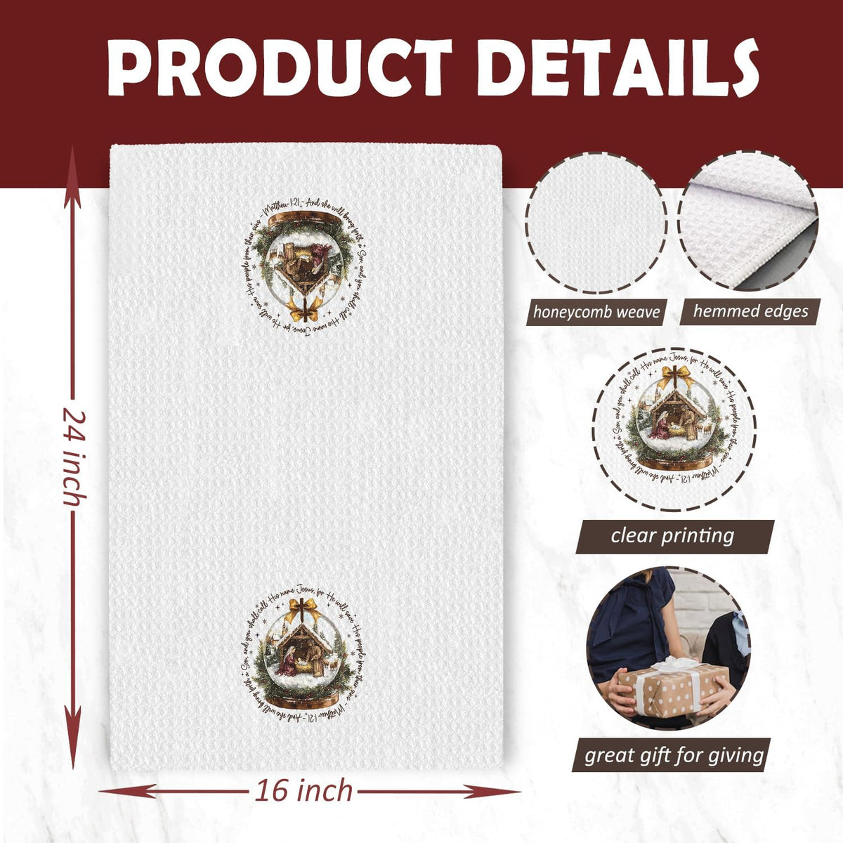 Christmas Nativity Christian Kitchen Towels, Matthew 1:21 Bible Verse Decor Dish Tea Towels for Kitchen, Winter Holiday Religious Xmas Hand Towel for Bathroom Decor, 16x24 Inches