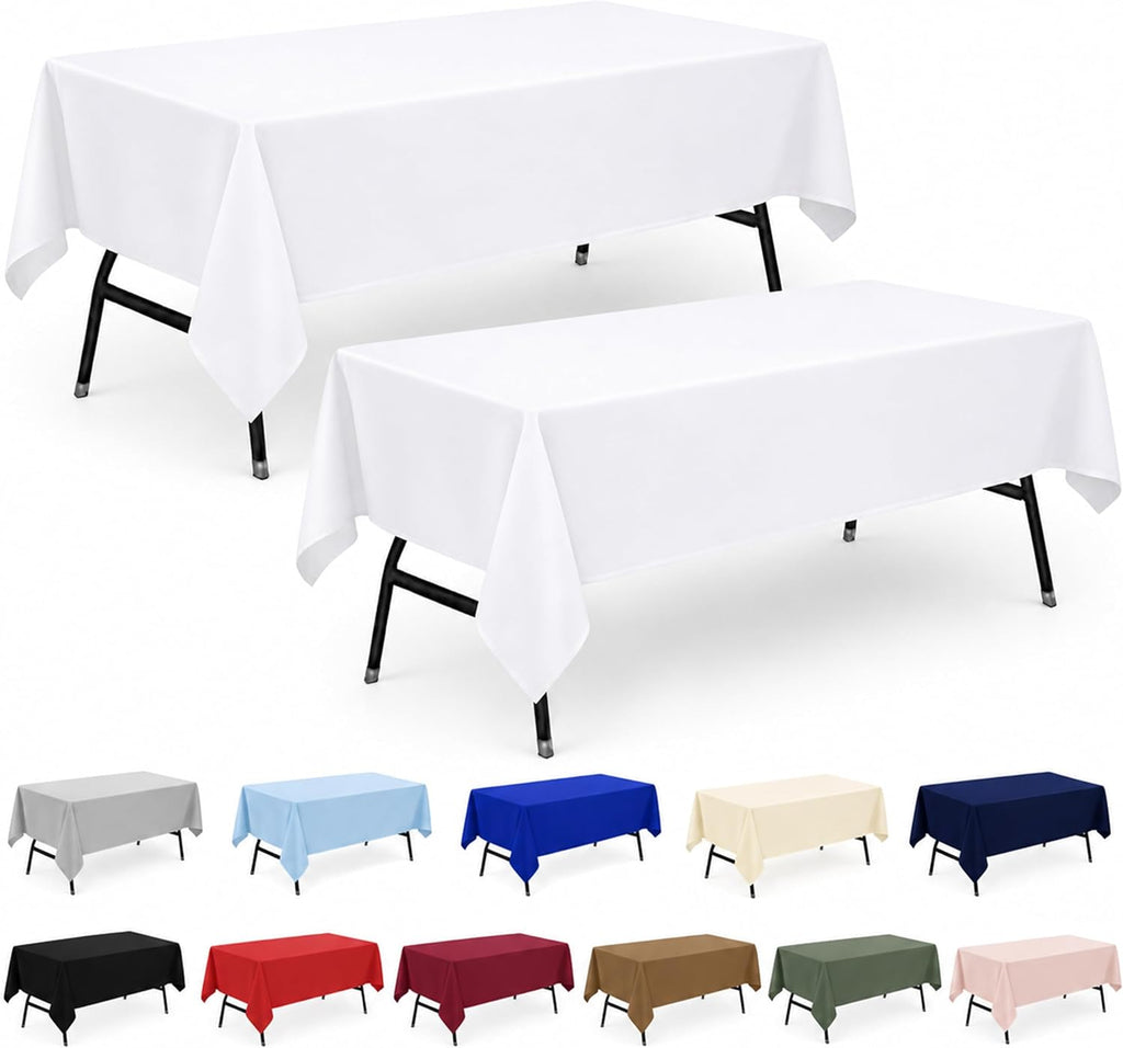2-Pack 60x102 inch White Table Cloths, Solid Stain and Wrinkle Resistant Oblong Tablecloth, Premium Plain Weave Polyester Fabric Rectangle Table Linen Covers for Hotel, Wedding
