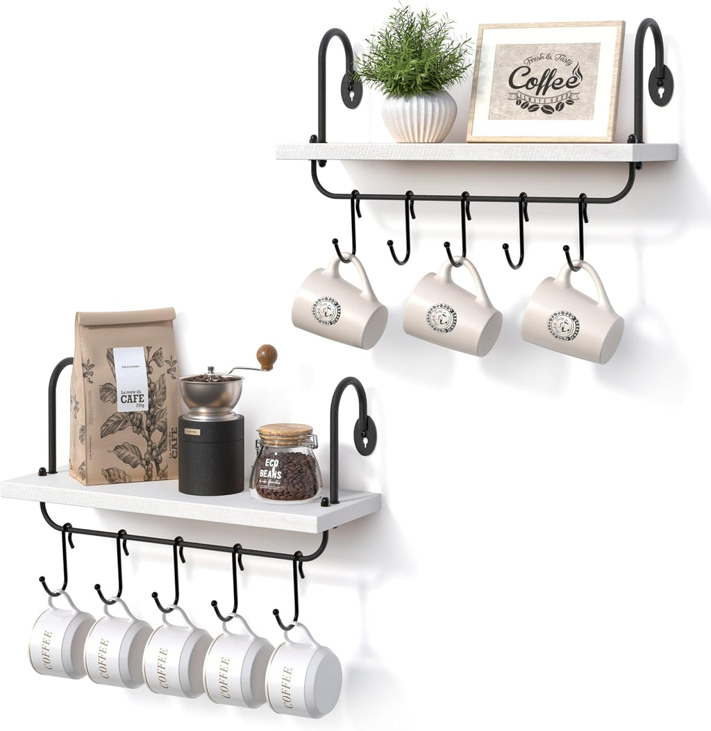 Floating Wall Shelves for Kitchen Bathroom Coffee Nook with 10 Adjustable Hooks for Mugs Cooking Utensils or Towel Rustic Storage Shelves Set of 2/17x5.9 inch (White)