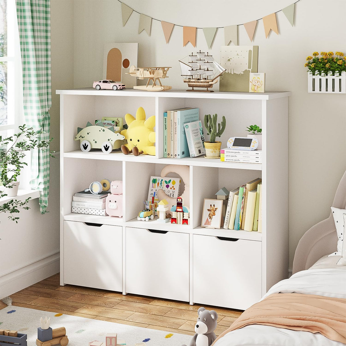 Teckid 2-in-1 Toy Storage Organizer with 5 Cubbies, Bookshelf & 3 Drawers