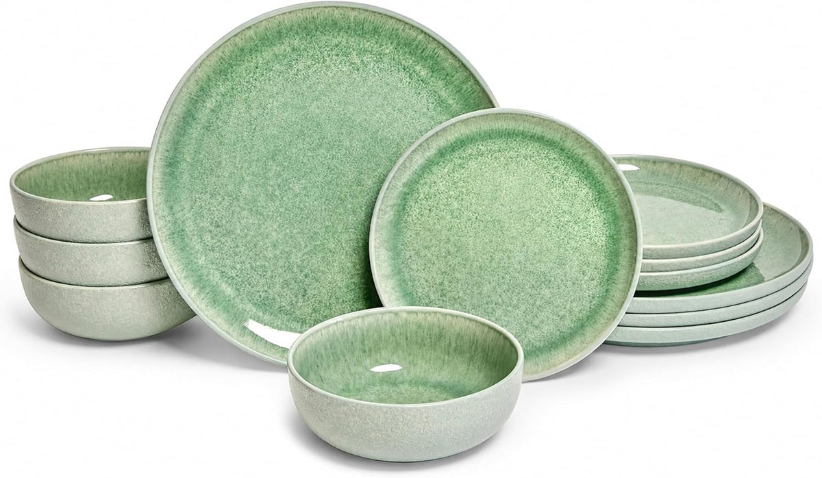 Sango Asher 12-Piece Stoneware Dinnerware Set for 4, Green Ceramic Plates and Bowls Sets, Modern Dish Set with Reactive Glaze, Durable Kitchen Dishes for Casual Dining, Microwave & Dishwasher Safe
