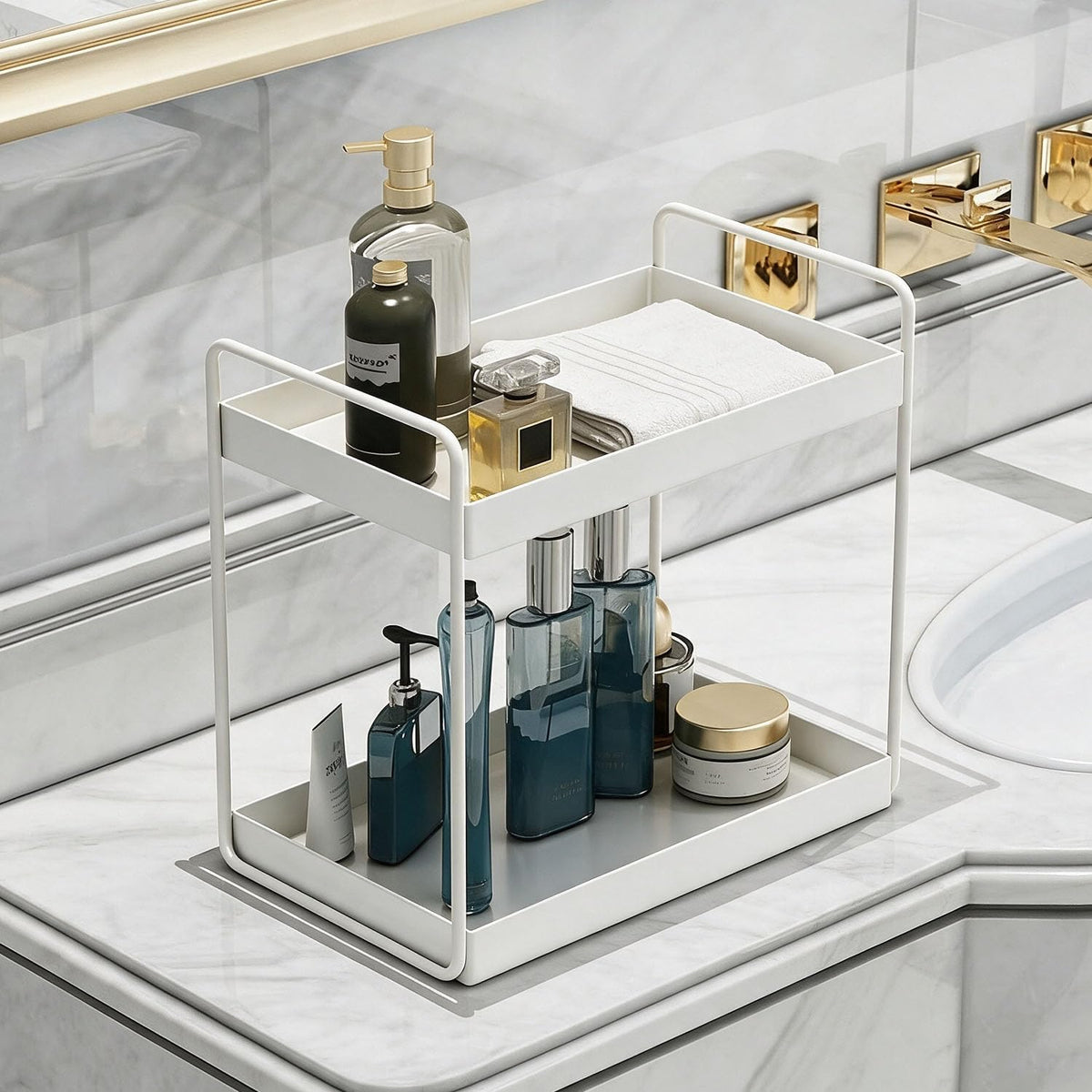 2 Tier Bathroom Counter Organizer, Vanity Storage Shelf, White