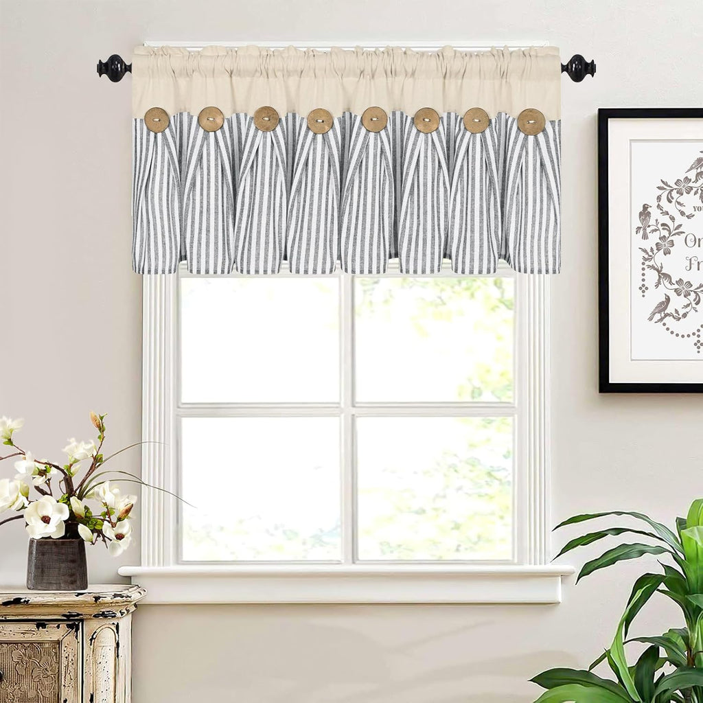 ASPMIZ Farmhouse Cotton Linen Valances for Windows, Boho Kitchen Curtains Valances with Rustic Button, Country Grey Striped Window Treatments Curtain Valance for Bathroom Cafe, 52 x 18 Inch, 1 Pannel