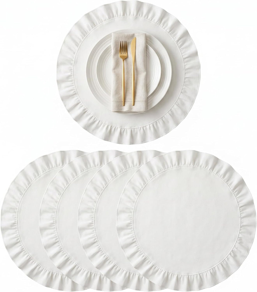 Round Ruffled Linen Blend Placemats, 15 Inch Scalloped Table Mats, Set of 4