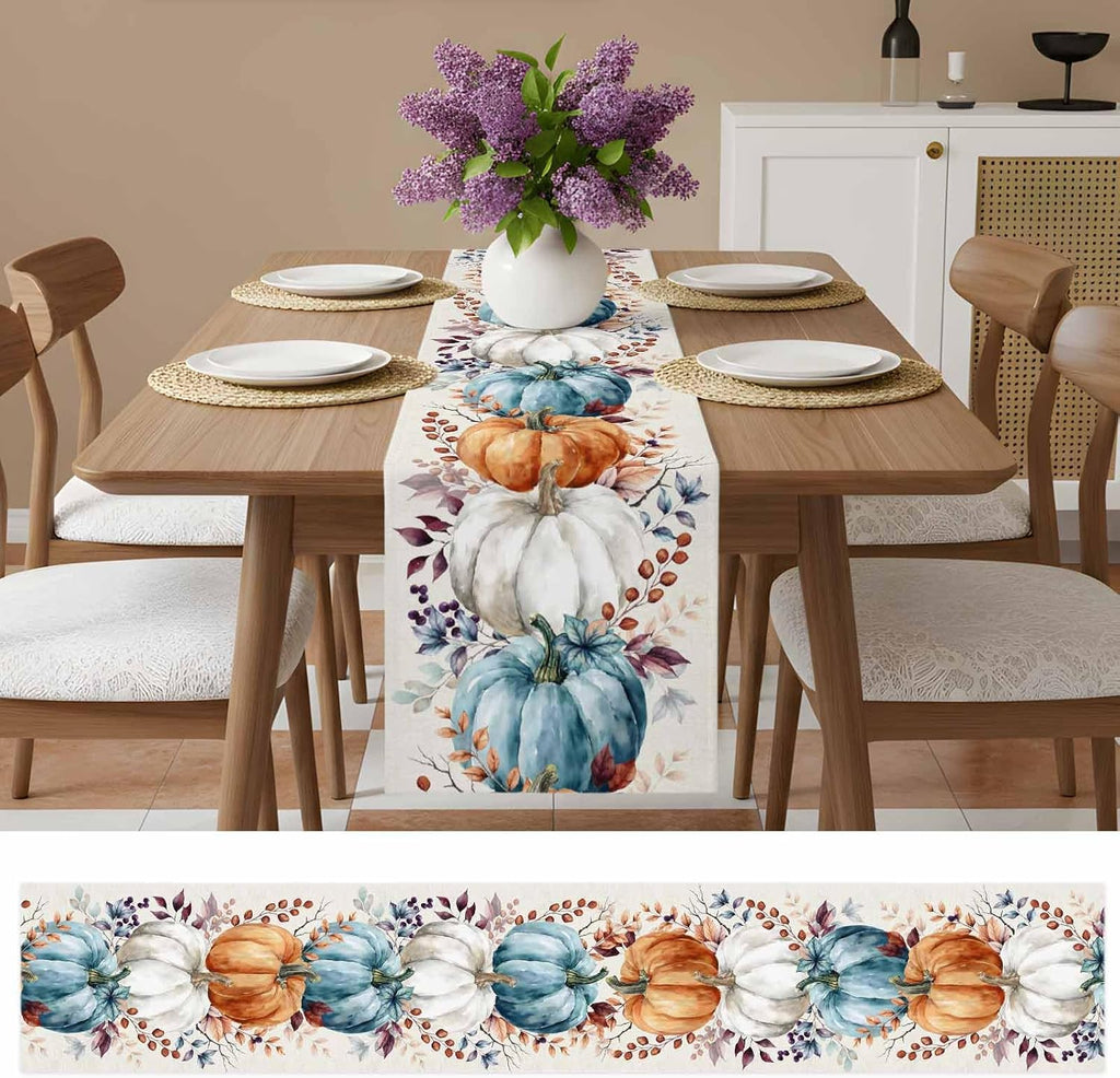 Fall Thanksgiving Table Runner, Watercolor Autumn Pumpkins Eucalyptus Leaves Cotton Linen Tablecloth Farmhouse Table Decor for Home,Kitchen,Dining Room,Indoor,Outdoor,13X90 Inches Long, Blue Orange