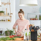 Nigelia Extra Large Kitchen Utensil Holder, 360° Rotating Stainless Steel Cooking Utensil Holder for Countertop, 3 Compartment Flatware Organizer & Cooking Caddy with Removable Base（Black）