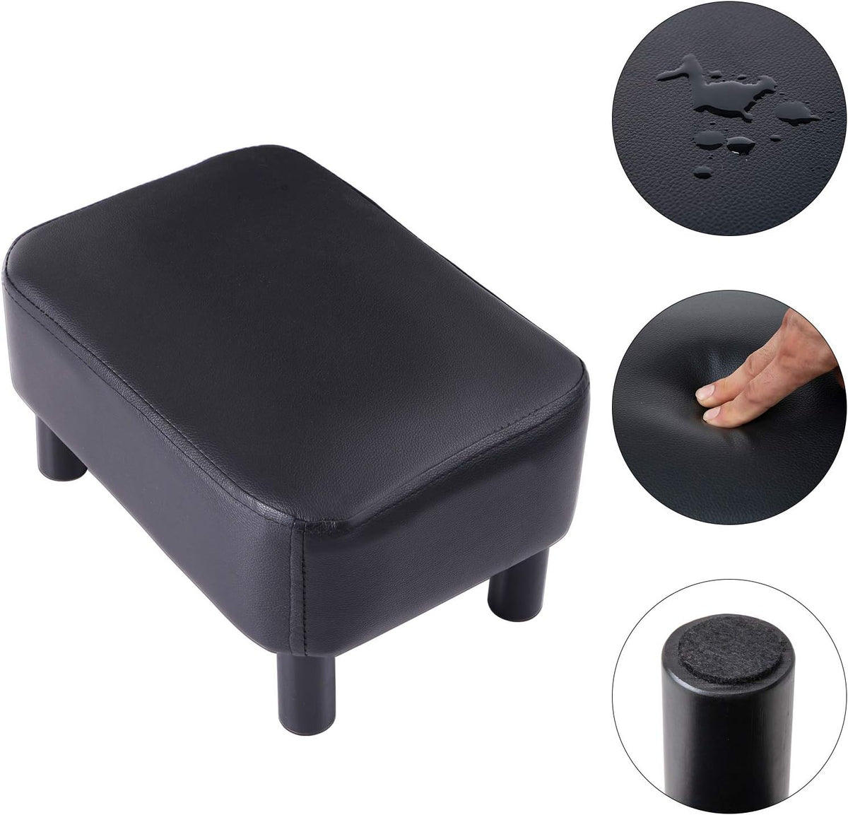 IBUYKE Small Footstool Ottoman, PU Faux Leather Footrest, Black RF-BD210